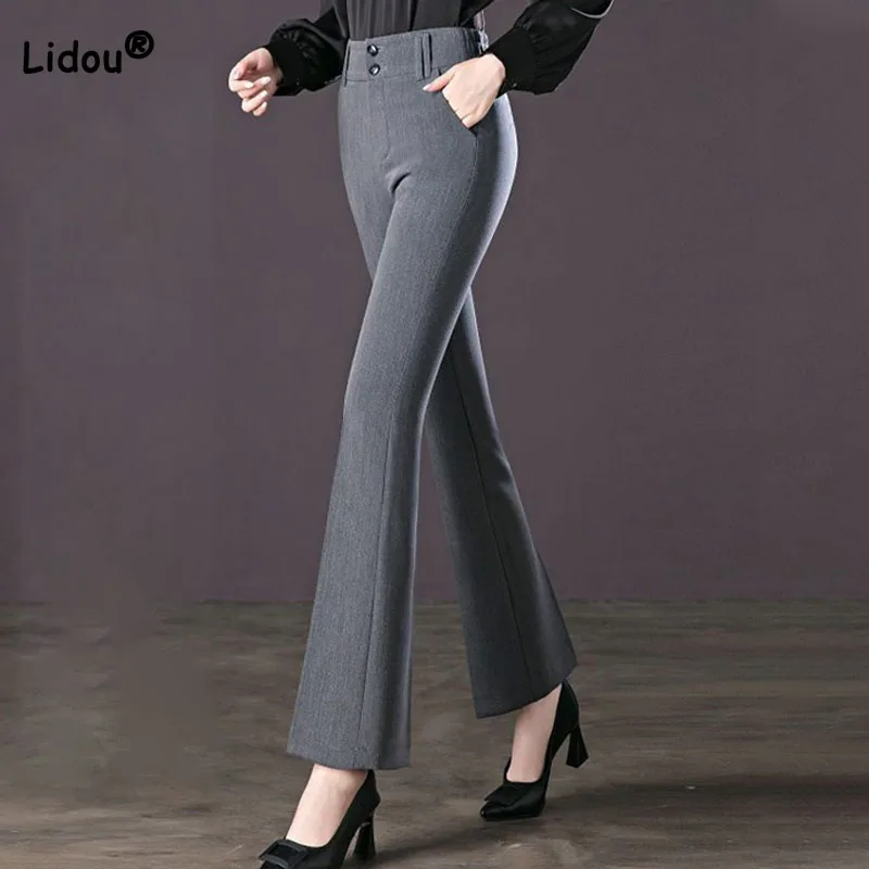 Summer Office Lady Solid Color Casual Flare Pants Fashion Women's Clothing Simplicity All-match High Waist Button Slim Trousers