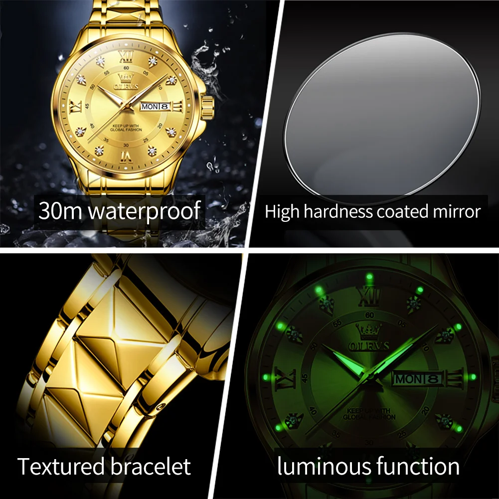 OLEVS Original Luxury Brand Couple Watch Dual Calendar Gold