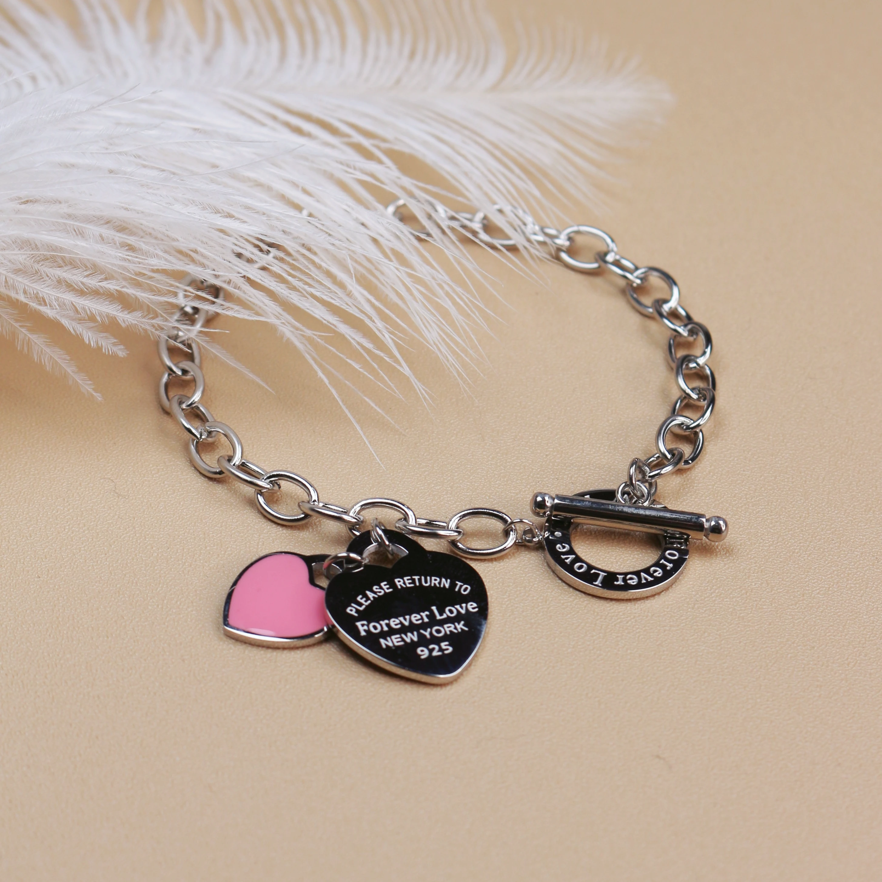 074Fashion Stainless Steel Gold Color Bracelet Double Heart Pendant Design FOREVER LOVE Women's Jewellery Bangle Wholesale Gifts 4