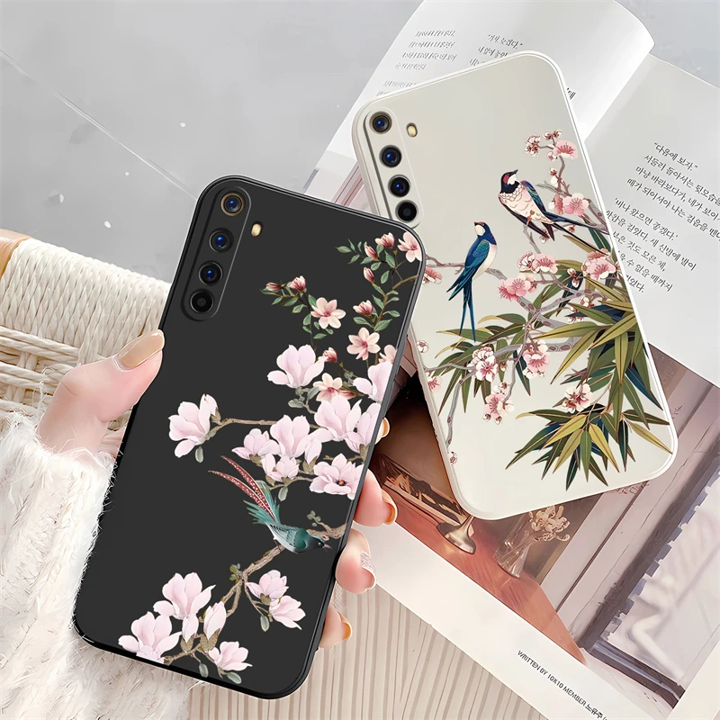 Silicone Soft Phone Case with Birds and Flowers Pattern - Shockproof Bumper Back Cover