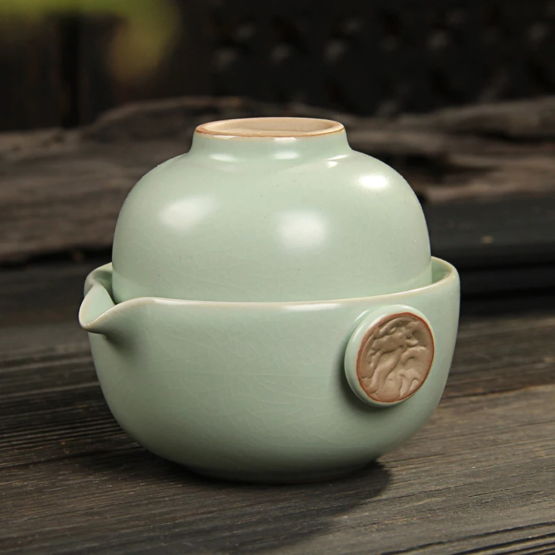[GRANDNESS] Xiang Long * Ru Kiln Celadon Kung Fu Tea Cup & Teapot Set ,Ruyao Tea Set Include 1 Pot 1 Cup Travel