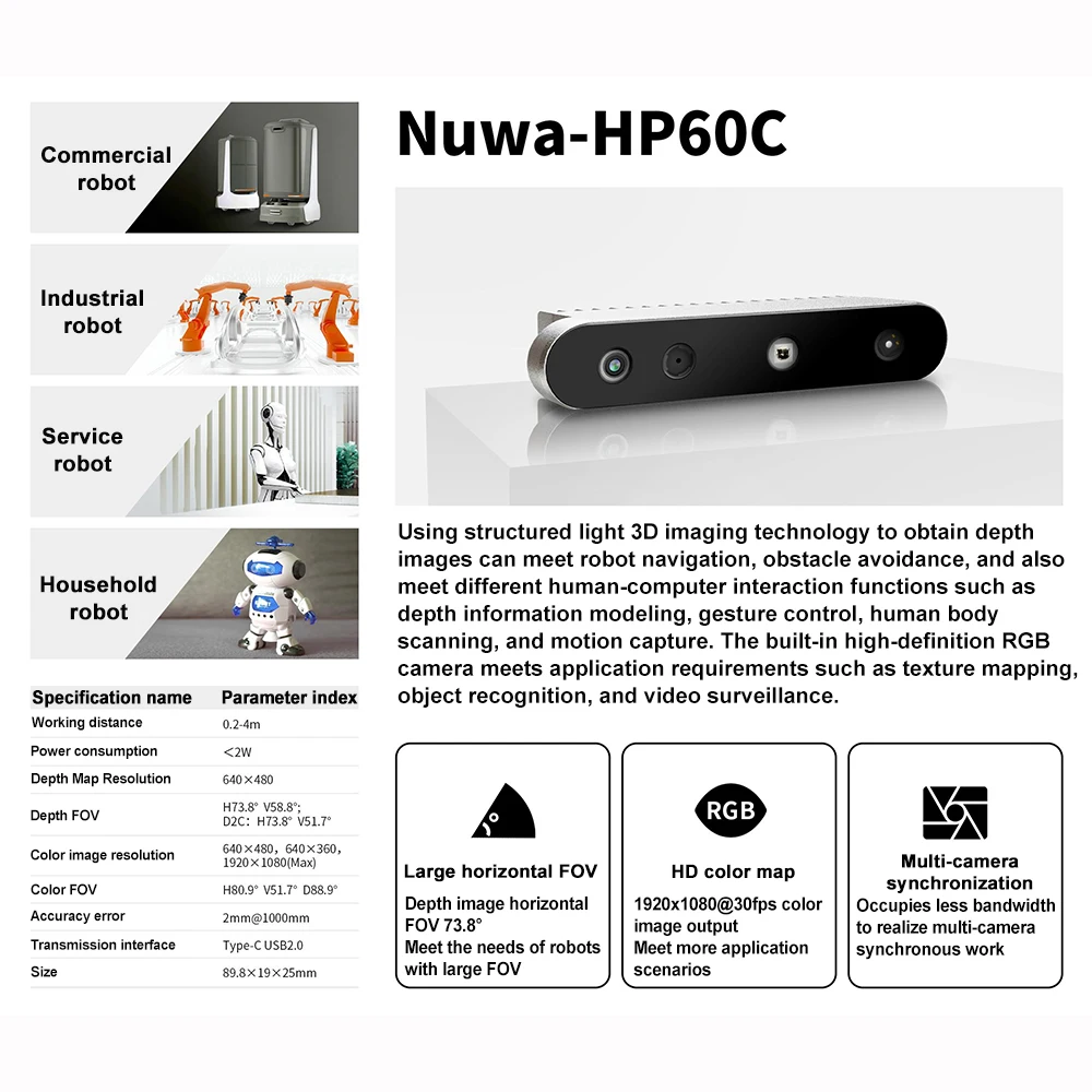 Nuwa-HP60C RGB 3D Depth Camera USB 2.0 FOV 73.8° For Depth Information Modeling,