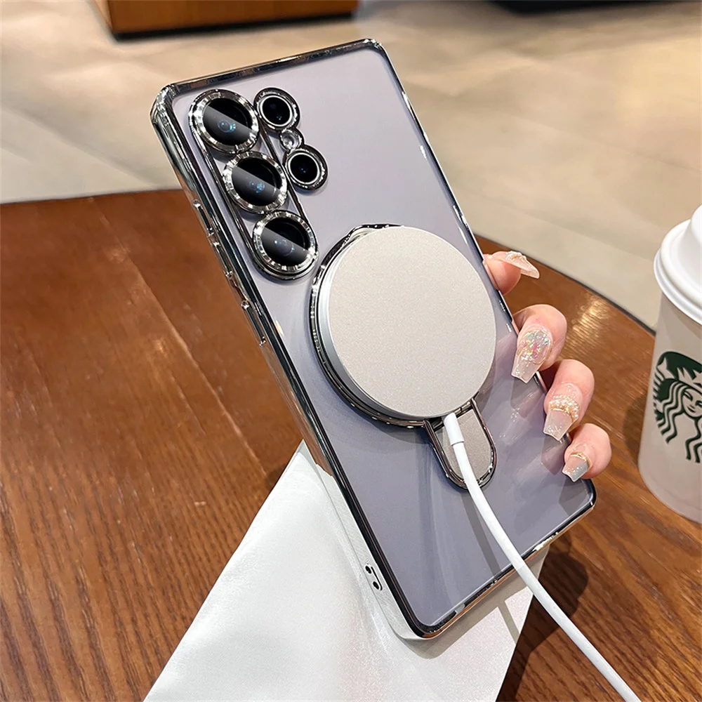 Luxury Plating Shockproof Magnetic Bracket Clear Case with Holder Stand Cover