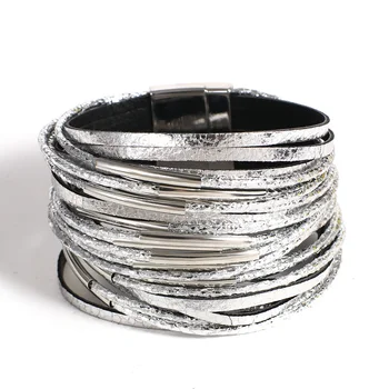 ALLYES Trendy Metal Tube Leather Bracelet for Women Men Chunky Glitter Filled Slim Multilayer Wrap Wide Bracelets Party Jewelry