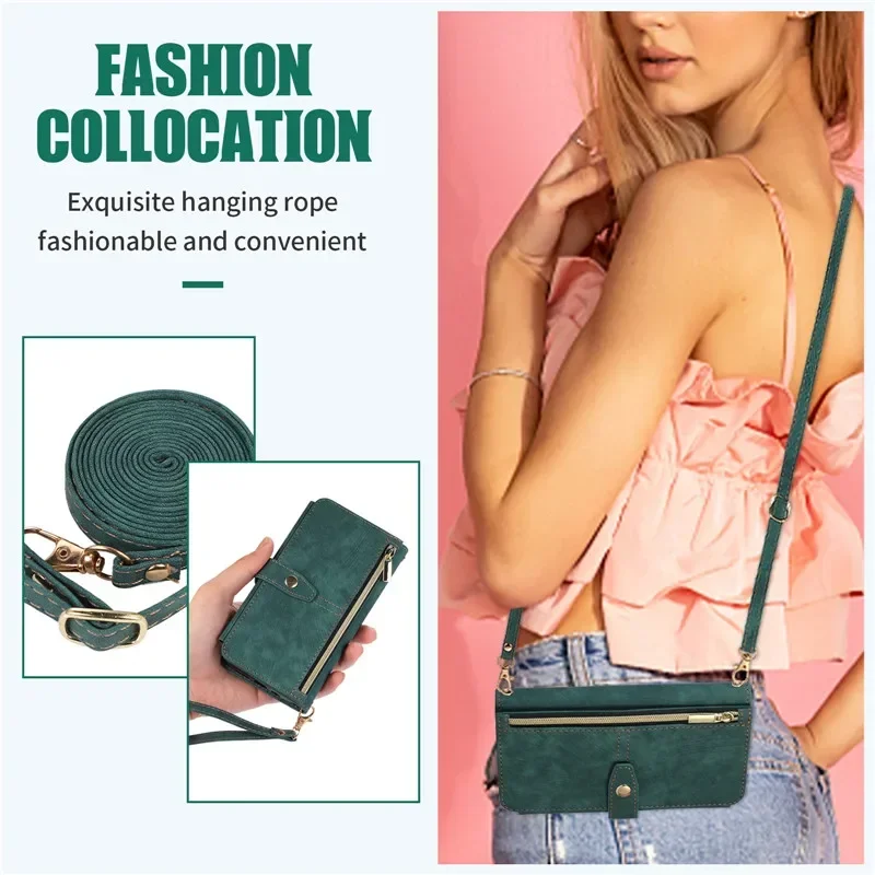 Elegant Flip Leather Phone Case with Long Lanyard and Zipper Wallet