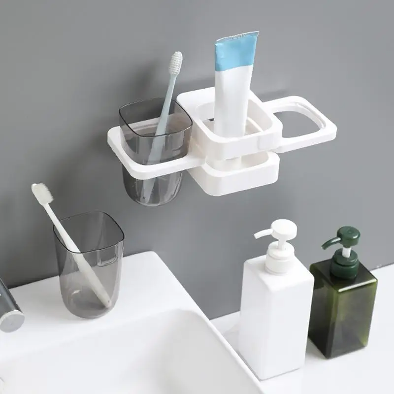Simple Wall Mounted Toothbrush Holder Toothpaste Mouth Cup Holder Drill-Free Bathroom Storage Shelf Portable Rack Organizer