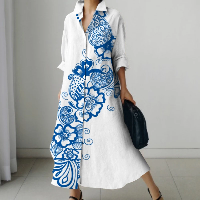 

2024 Fashionable and casual plus size women's dress, blue flower print dress, rural style, temperament, women's office clothing