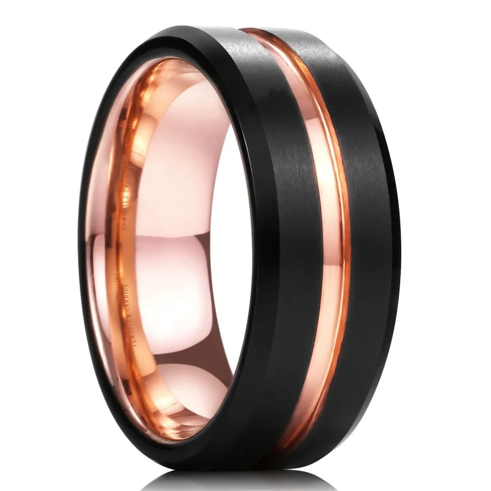 8mm Men Stainless Steel Wedding Rings Black Brushed Rose Gold Color Groove Beveled Edge Engagement Rings Jewelry