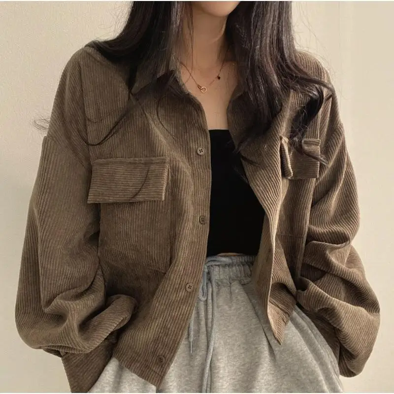 

Women Vintage Corduroy Cropped Jacket Korean Fashion Long Sleeve Drawstring Blouses Female Loose Single Breasted Coats Cardigan