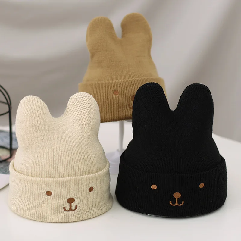 Cute Bear Knitted Newborn Baby Beanie Solid Color Infant Boys Girls Warm Hat Cap Winter Outdoor Warmer Toddler Hats Caps 2