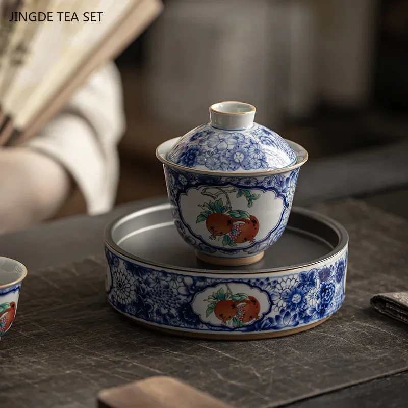 1PCS 140ML premium ceramic gaiwan blue and white porcelain Chinese retro handmade Beauty tea infuser high-end tea set gift