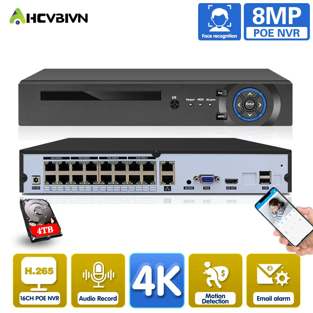 16Ch 4K 8Mp Poe Nvr Videoregistratore Ultra Hd H.265 48V Audio Out Telecamera Ip Smart Ai Face Detection Cctv System P2P Network Xmeye