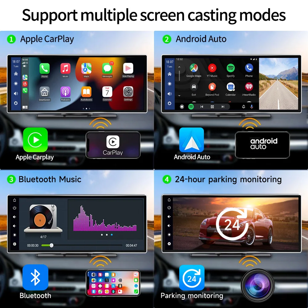 4K HD DVR Car Radio Multimedia Navigation Wireless CarPlay Apple Android Auto Mirror Music Player