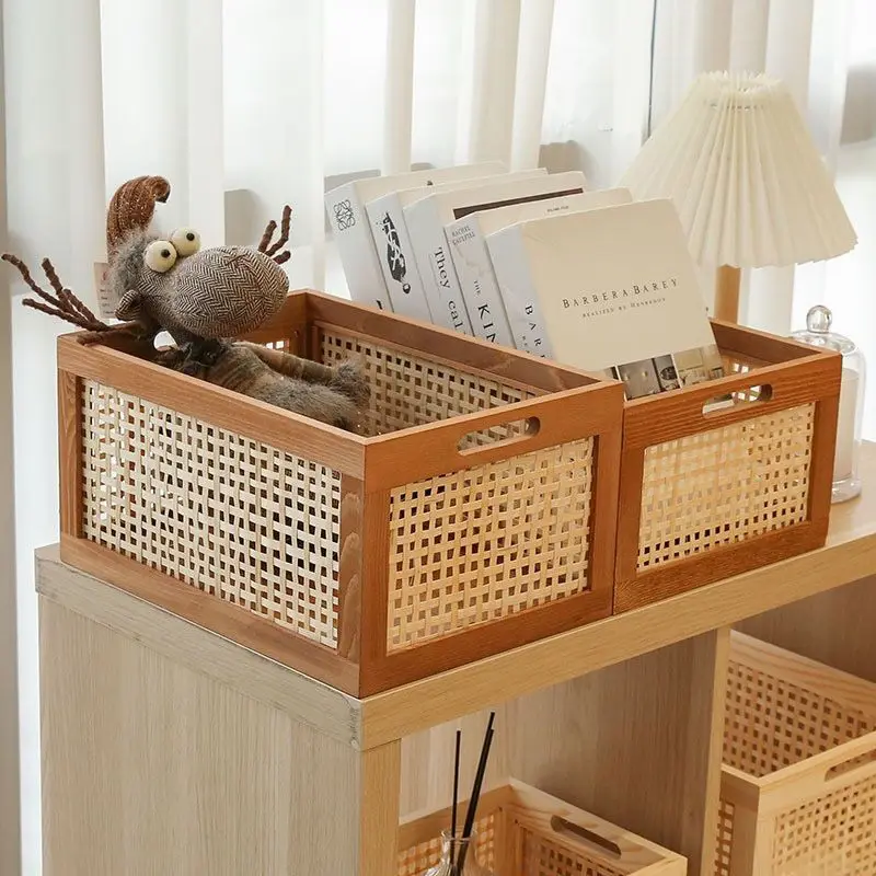 Retro Solid Wood Storage Box Desktop Rattan Basket Book Snacks Fruit Cosmetics Organizer Boxes Home Bathroom Kitchen Basket 4
