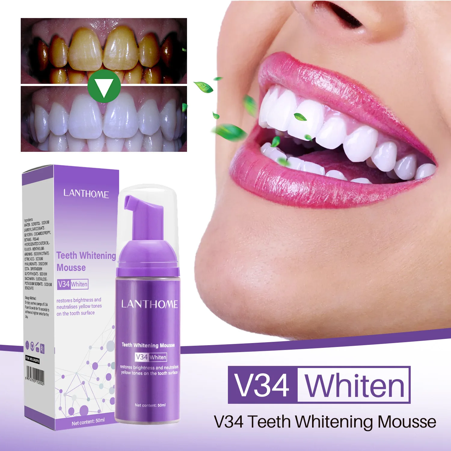 50ML V34 Yellow Teeth Toothpaste Foam Cleaning Removing Tooth Stain Oral Cleaning Product