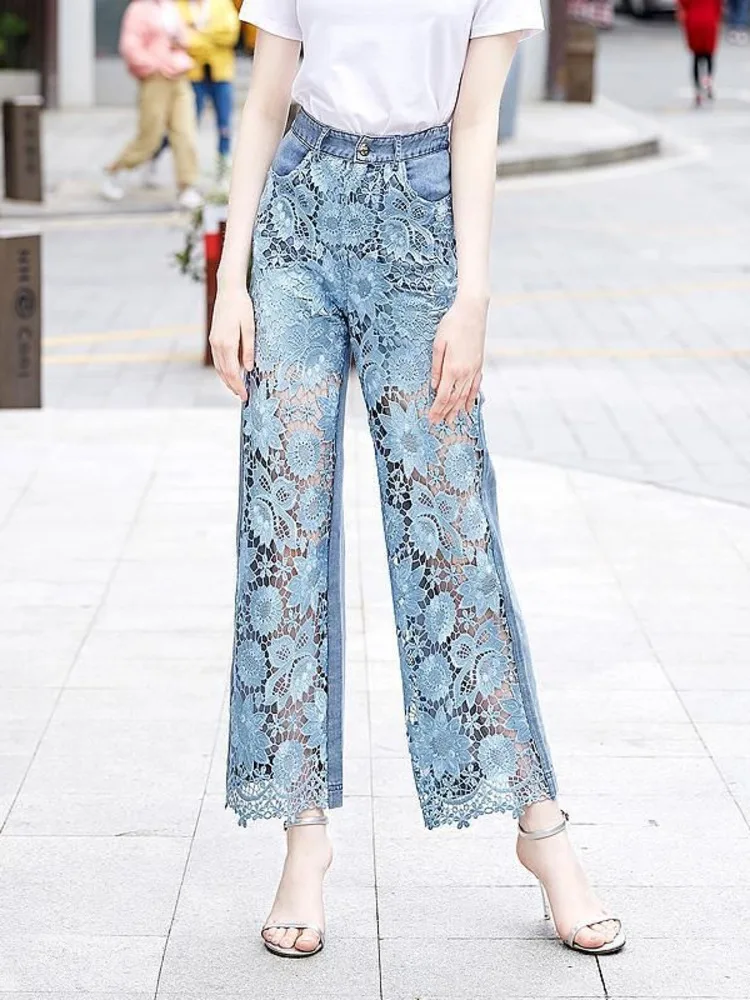 Summer New Loose And Versatile Hollow Out Lace Stitching Denim Pants