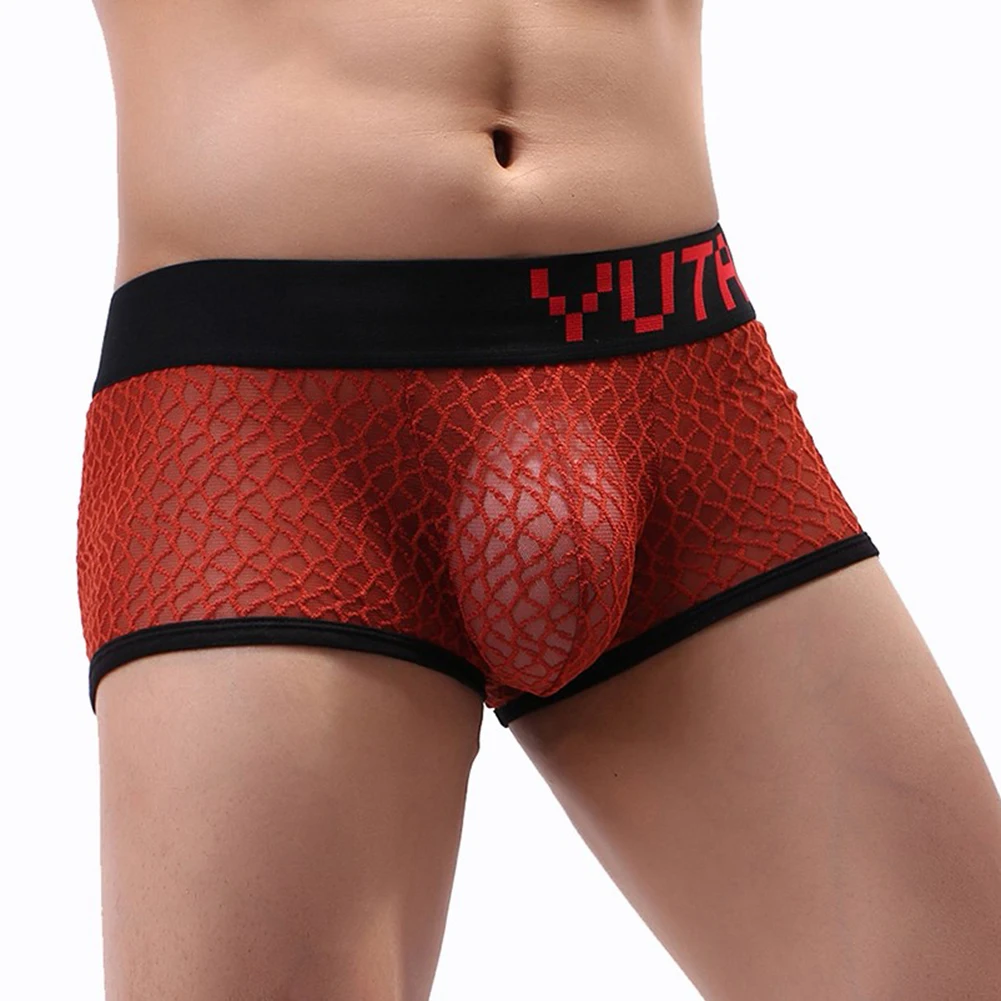 

Men Sheer Net Mesh Perspective Boxer Briefs Breathable Quick-drying Soft Shorts Low Rise Underpants Letter Print Underwear