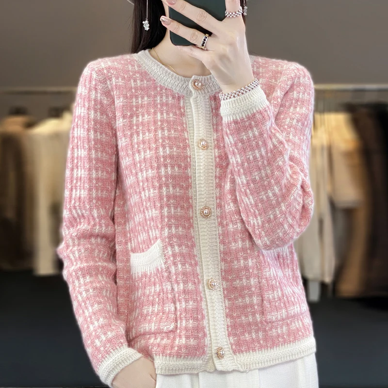 

Autumn and Winter New Knitted Cardigan Women's 100% Wool Cashmere Sweater Round Neck Loose Top Colorful Fashion Women's Coat