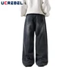 Retro Black Gray Jeans Mens Spring Fleece Washed Distressed High Street Loose Straight Wide Leg Denim Pants Men 2