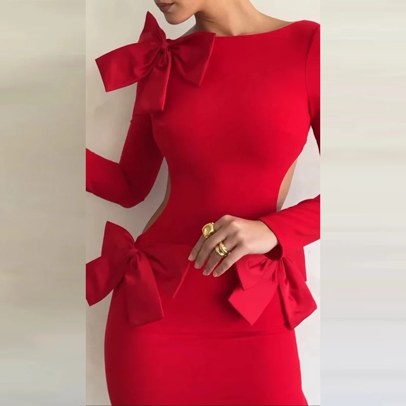 Vestidos de chiffon de cuello alto con abertura y lazo de cinturón Rojo Tallas Grandes