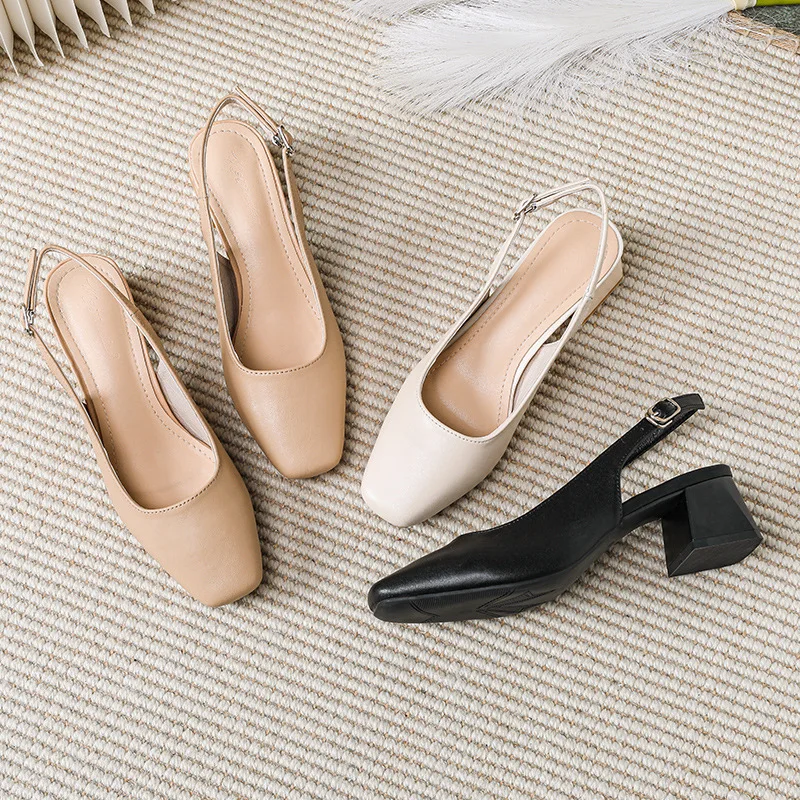 shoes suqare toe leather sandals women thick high heels summer