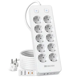 European Power Strip with USB Fast Charging and Surge Protection - White 10AC