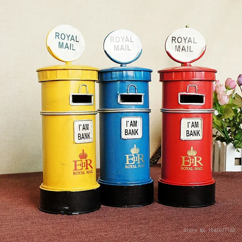 Chinese Metal Post Box Model Piggy Bank, Home Office Furnishing Gifts, Handmade Imitation, Ancient Iron Model, Blue, Yellow, 1Pc