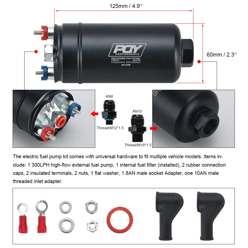 EFI 380LPH 1000HP External Fuel Pump E85 Compatible 044 Style AN10 Inlet AN8 Outlet With Check Valve fuel pump