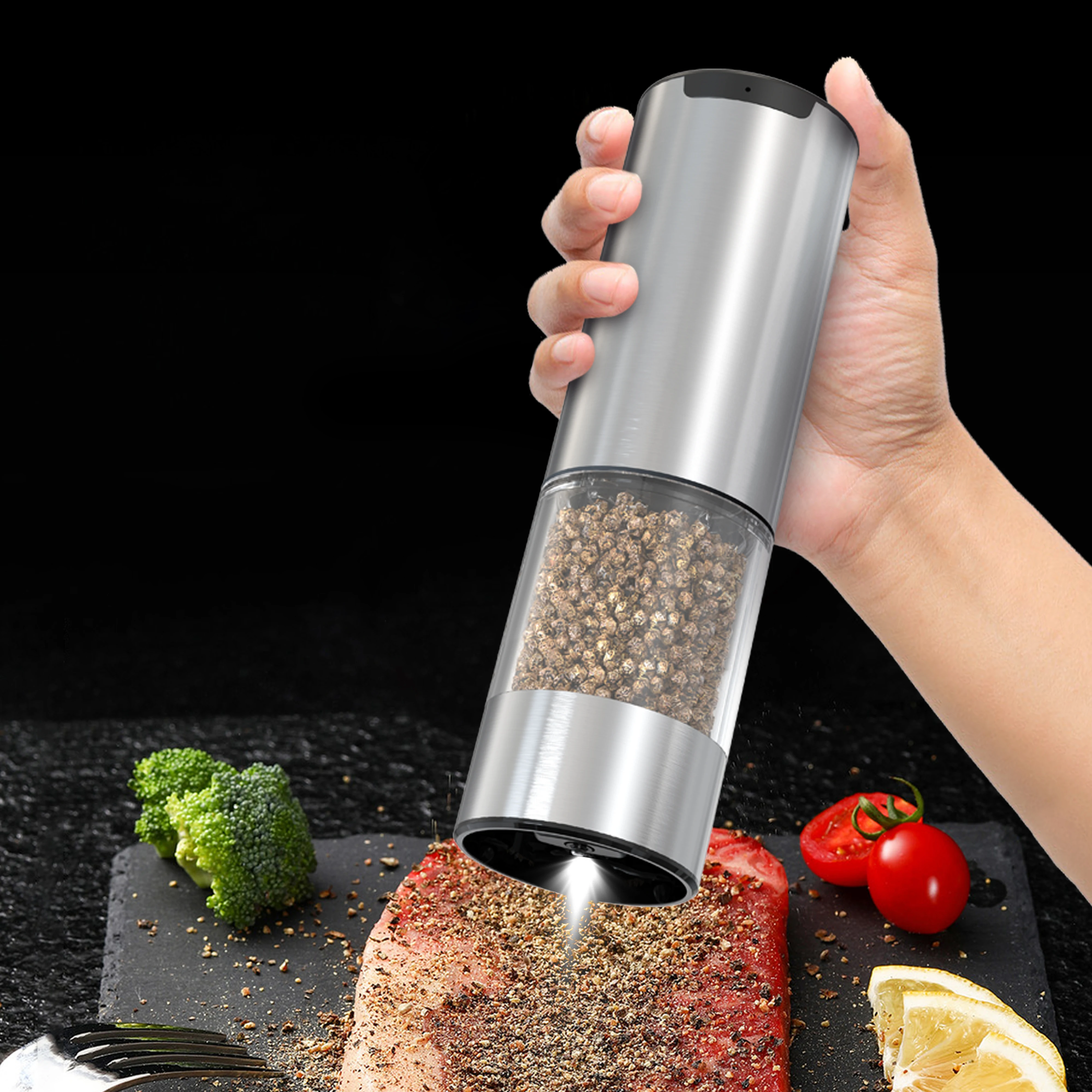 Rechargeable Electric Salt and Pepper Grinder Set Stainless Steel Automatic Pepper Mill Large Capacity Container Adjustable