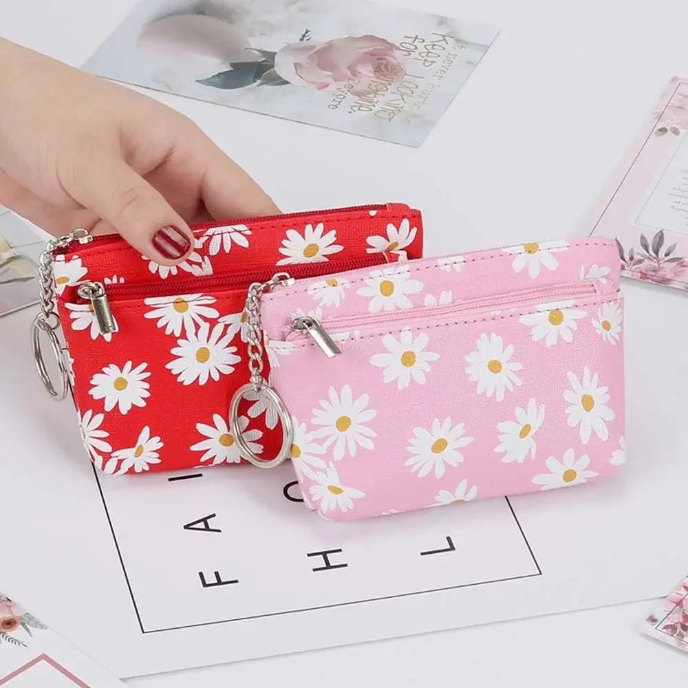 Daisy Print Coin Purse Women Wallets Clutch Zipper Keychain Small Coin Pouch Key Card Holder