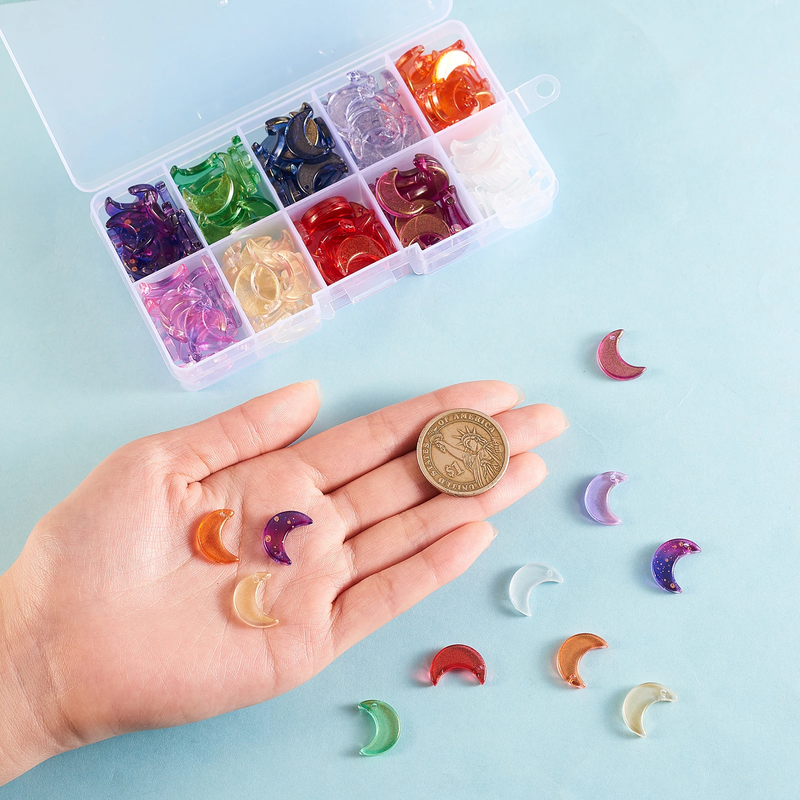 200Pcs  10 Colors Transparent Moon  Glass Beads, with Glitter Powder, Top Drilled, For Jewelry Craft Making DIY Necklace