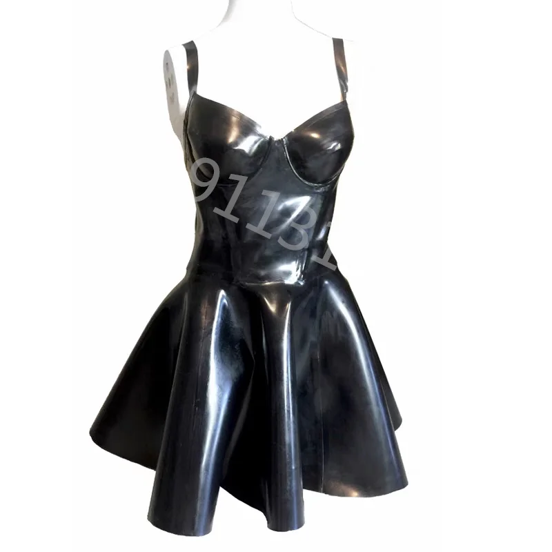 

Woman Latex Bodycon Dress Exotic Dancewear Hot Mini Dress Clubwear Sexy Fetish Rubber Pleated Braces Open Back Skirt