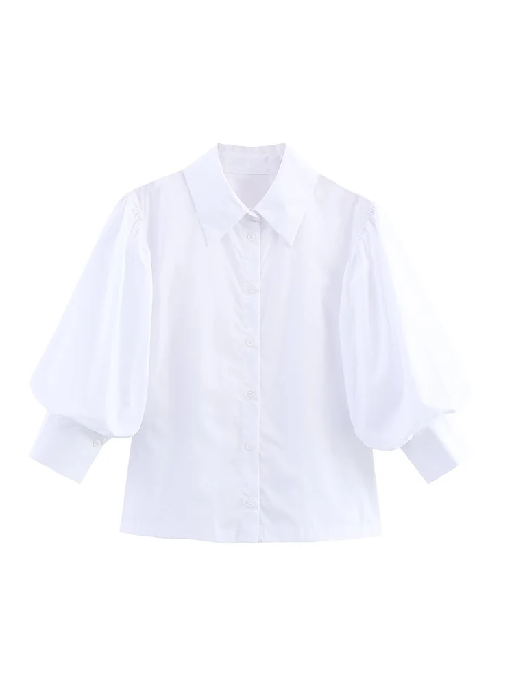 TFMLN Fashion Women Short Puff Sleeve Blouse Loose Casual Lapel Single Breasted Shirt Tops Elegant Office Lady Summer Commuter