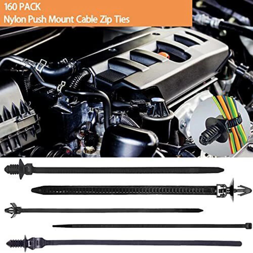 Car Cable Ties 160Pcs Car Universal Nylon Push Mount Cable Zip Ties Wrap Fixed Fastener Clips Mount Wire Self Locking Wire Strap Fastening Zip