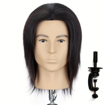 100% Human Hair Mannequin Head Men's 8" Hairdresser Practice Beauty Styling Training Mannequin Head With Clamp Stand (Natural Bl