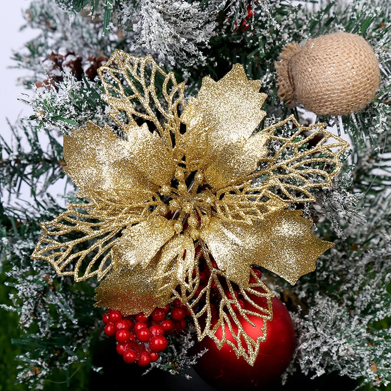 (10pcs/pack) 8cm Artificial Christmas Tree Flower Glitter Decorations Xmas Ornaments New Year Gift DIY