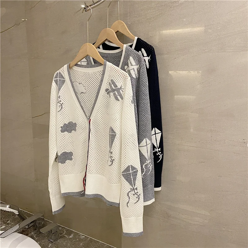 

High Quality ~ TB Knitted Cardigan V-neck Cutout Long Sleeves Thin Women's Cloud Airplane Pattern Summer Sun Protection Clothing