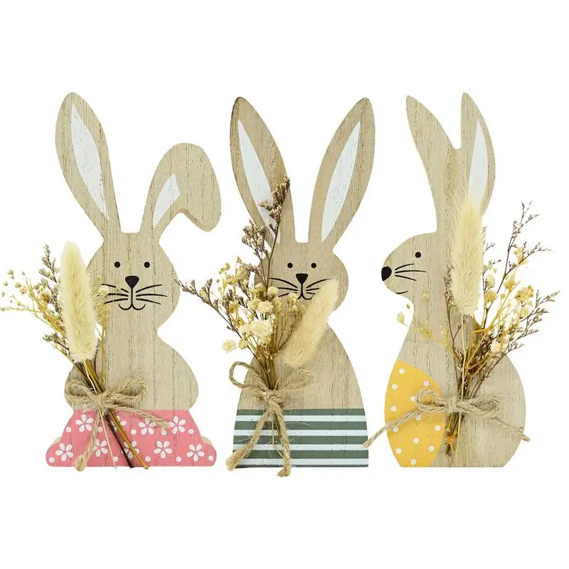 

Wooden Easter Bunny Decor Spring Farmhouse Easter Decorations with Bouquet Cute Rabbit Animal Figurine Crafts DIY House Home