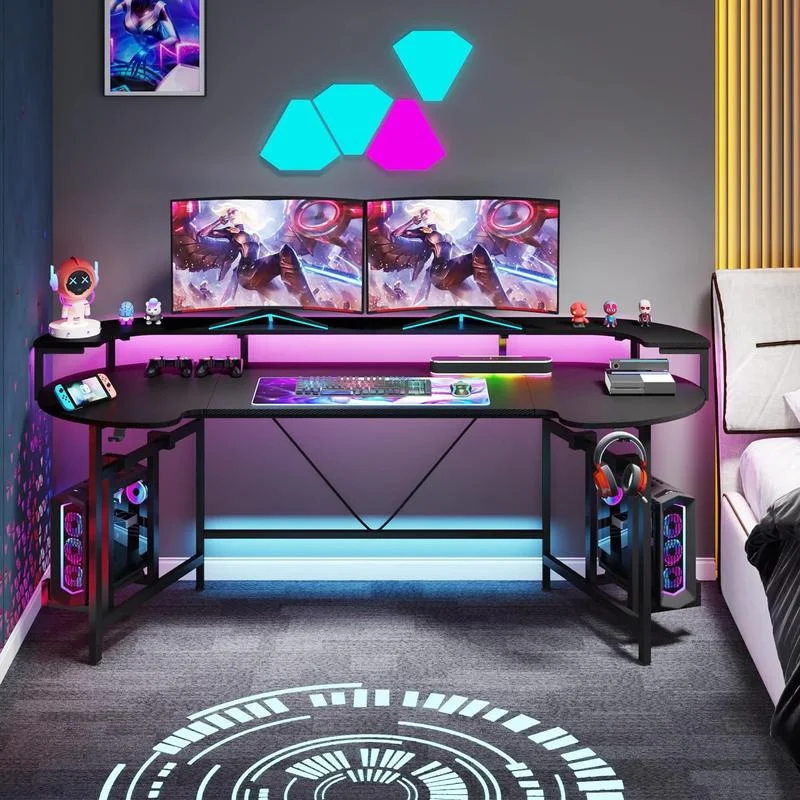 

Xiangyang 75 Inch Gaming Desk with Monitor Shelf, Large PC Computer Desk with LED Lights, Gaming Table Gamer Desk for Bedroom