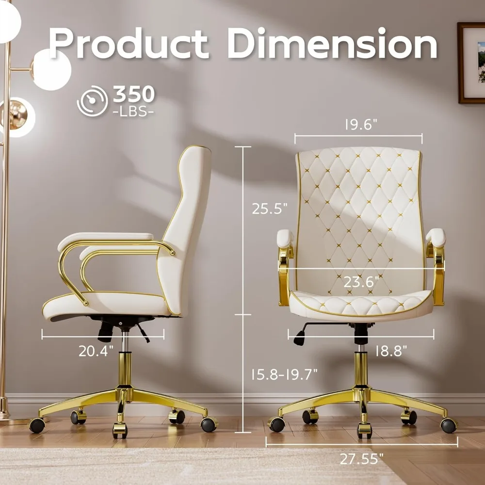White and Gold Office Chair with Soft Leather Embroidery, Mid Back Vintage Swivel Executive Desk Chair with Wheels and Padded 2