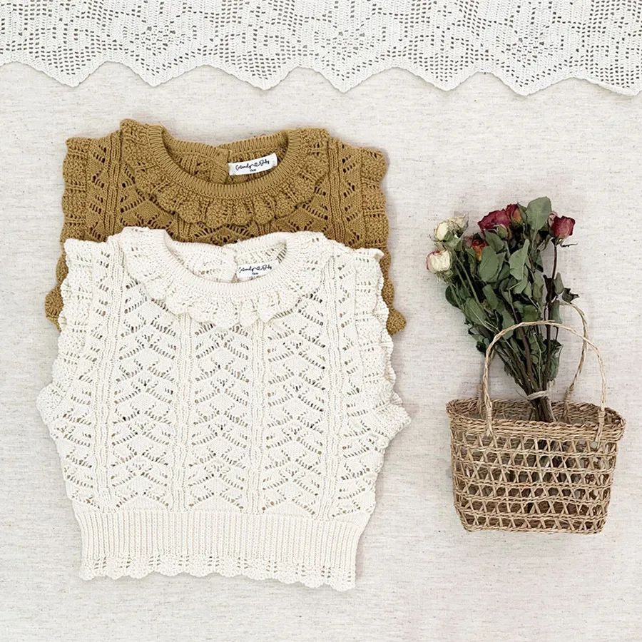 deer jonmi Spring Korean Style Baby Girls knitted Hollow Out Vests Sleeveless Pullovers Tops Ruffles Kids Cotton Waistcoats