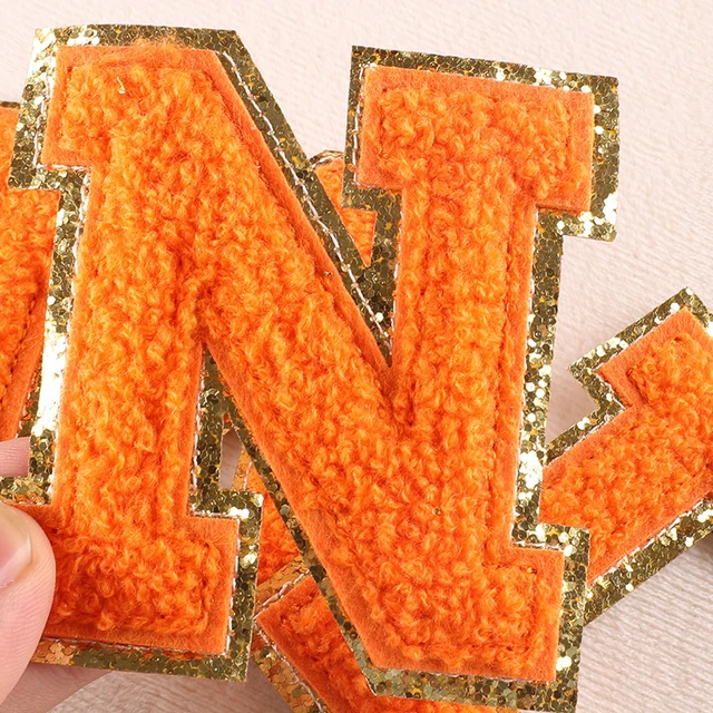 8CM Orange Chenille Letters Patches Iron on For Clothing Towel Embroidered  Felt Alphabet Glitter Sequins Letters