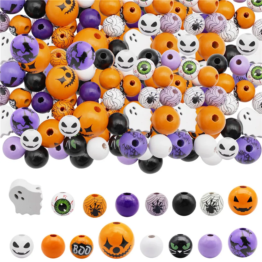 Lot De 200 Perles En Bois D'Halloween - 15 Mm, Trou De 4 Mm - Motifs Citrouille, Fantôme, Chat Noir - Pour Bracelets, Décorations