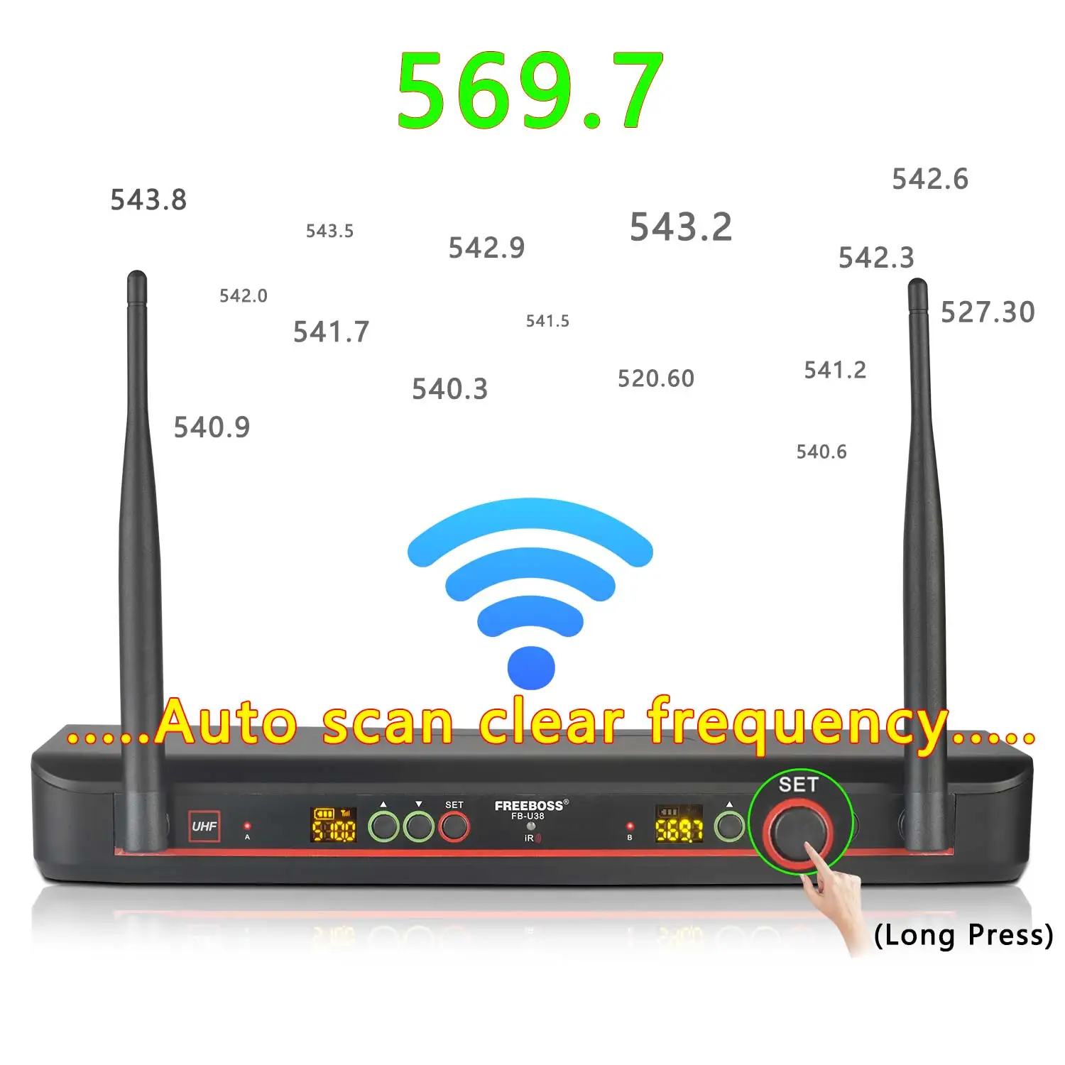 FREEBOSS UHF 무선 다이나믹 핸드헬드 마이크 2*100 채널 조정 가능한 주파수 자동 스캔 무선 마이크 카라오케용 FB-U38