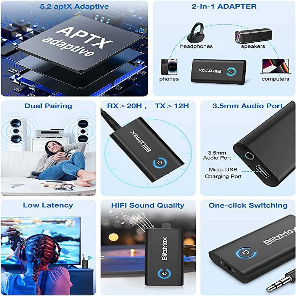 Blitzwolf BlitzMax BT05 송신기 수신기 bluetooth V5.2 TV PC 스피커 용 적응 형 낮은 대기 시간 HiFi 사운드 무선 어댑터