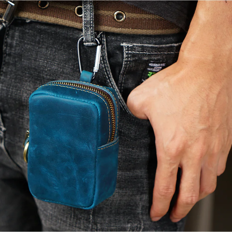 Cowhide Leather Waist Bag Crazy Horse Leather Belt Pouch Bags Card Holder Key Wallets Zipper Purse Coin Pocket Card Holder