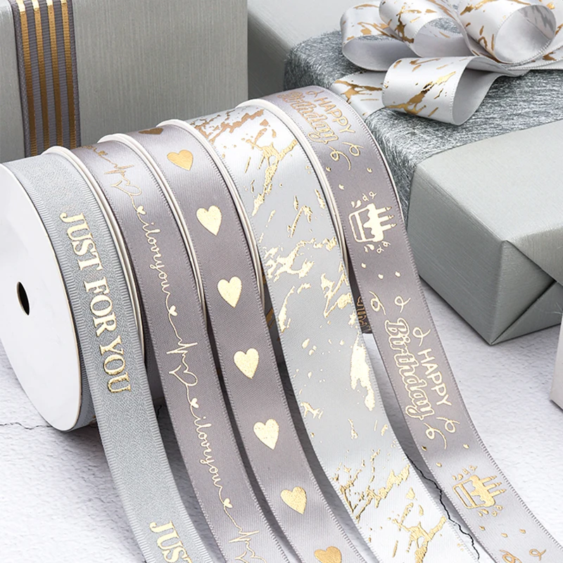 10Yards Premium Grey Collection Happy Birthday Ribbon for Valentine's Day Wedding Event Party Christmas Decoration Baking Bouquet satin ribbons ribbon decoration ribbon supplies christmas ribbon