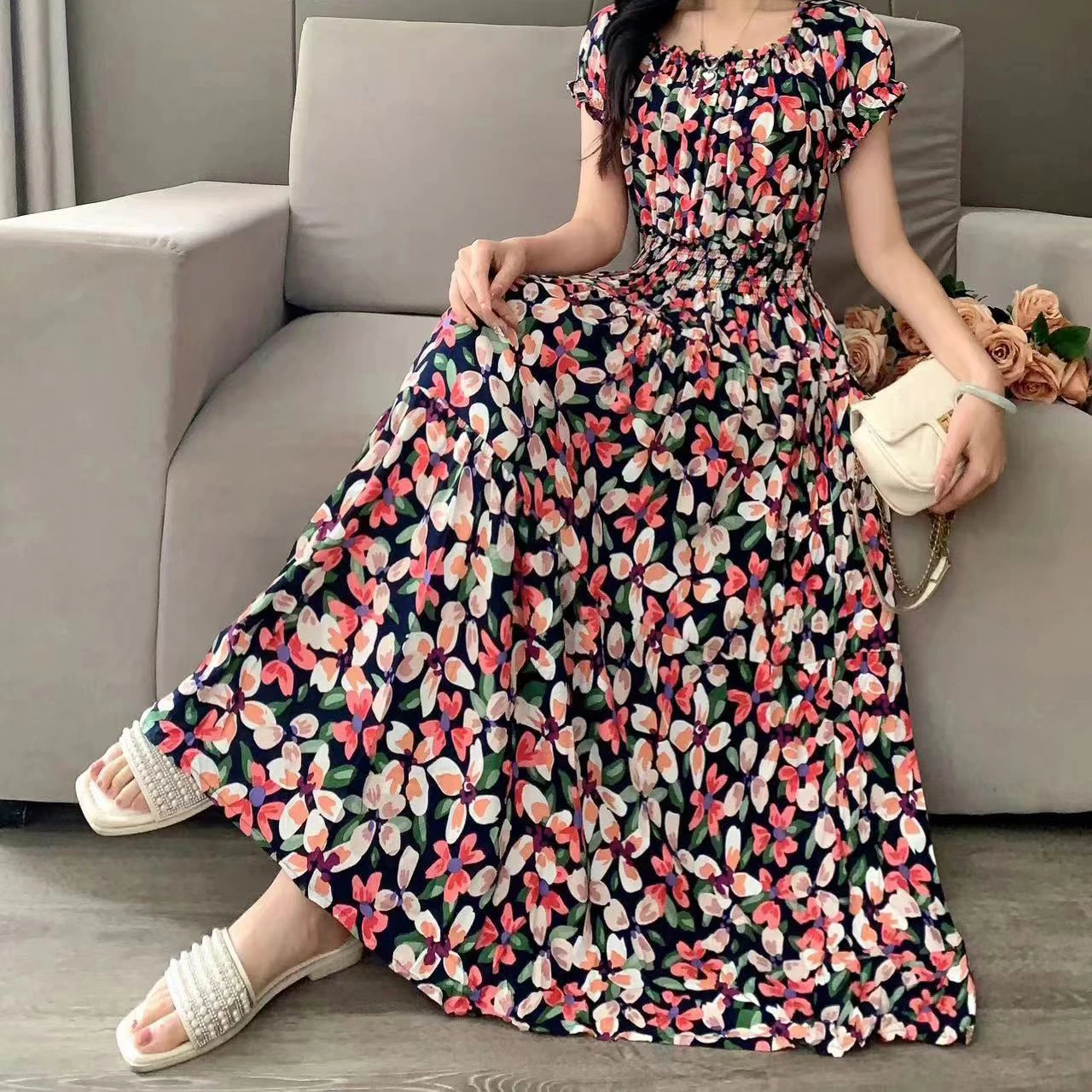 Boho Chic Short Sleeve Dress Slash Neck Elegant Women Dress Vintage Romantic Print Midi Dress Holiday Dress New Clothes Trend