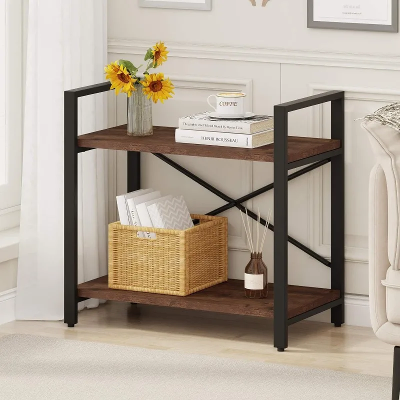 

Small Short Bookshelf for Small Space, Industrial 2 Tier Wood Metal Bookcase, Rustic Floor Kids Book Shelf for Living Room