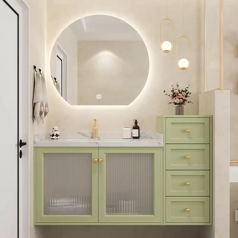 Modern Luxury Wall Mounted Bathroom Vanity With LED Mirror Solid Wood Bathroom Cabinets